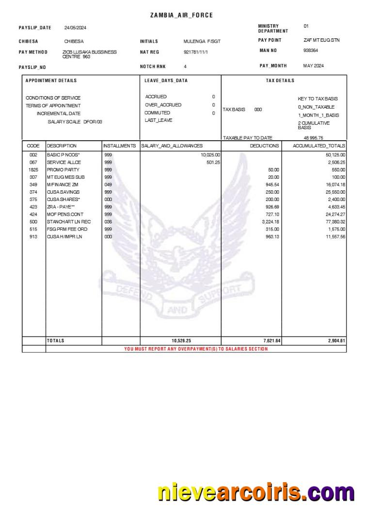 Zambian Air Force payslip